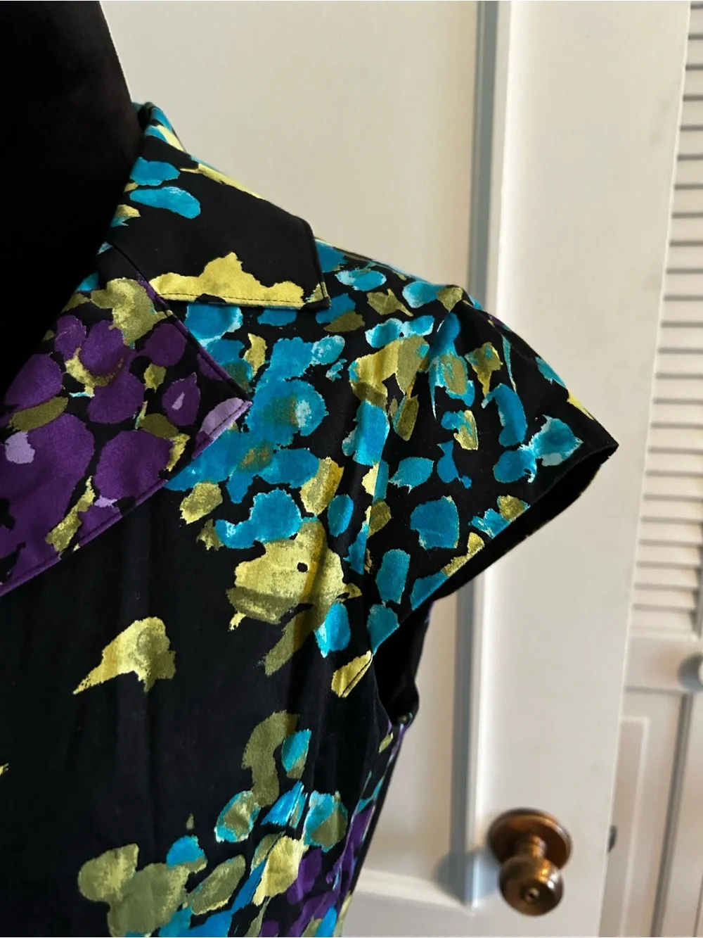 Black Floral Tie-Waist Shirt Dress with Teal and Purple Accents